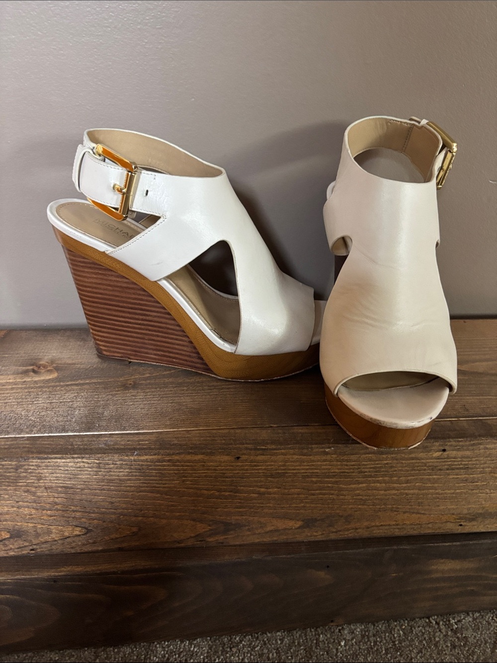 Michael Kors Cream Leather Open-Toe Wedge Sandals with Wood-Stacked Heel